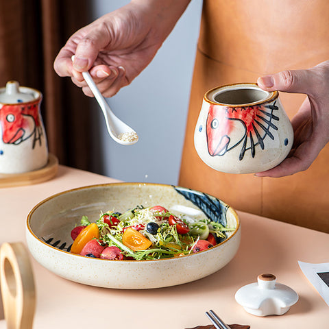 Ceramic Seasoning & Sauce Jar Set with Bamboo Base – Hand-Painted Design