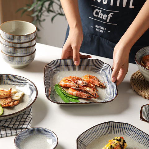 Premium Porcelain Dinnerware Set – Blue Stripe Edge Design