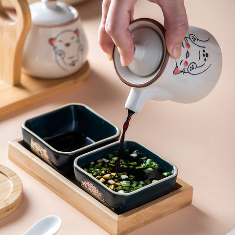 Ceramic Seasoning & Sauce Jar Set with Bamboo Base – Hand-Painted Design