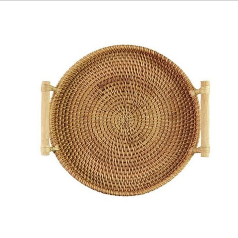 Handmade Round Rattan Tray – Natural Woven Serving Basket with Handles