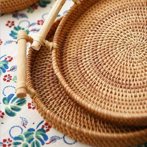 Handmade Round Rattan Tray – Natural Woven Serving Basket with Handles