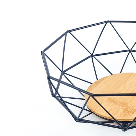 Nordic Geometric Metal Fruit Basket – Black Wire & Bamboo Base Decorative Bowl