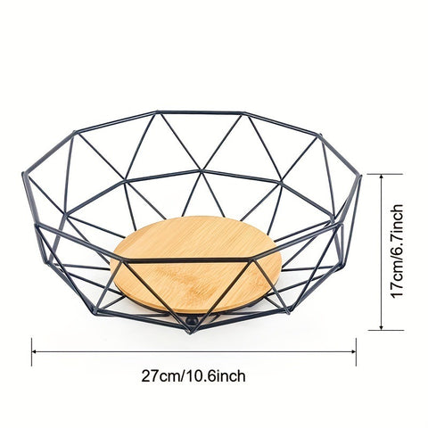 Nordic Geometric Metal Fruit Basket – Black Wire & Bamboo Base Decorative Bowl