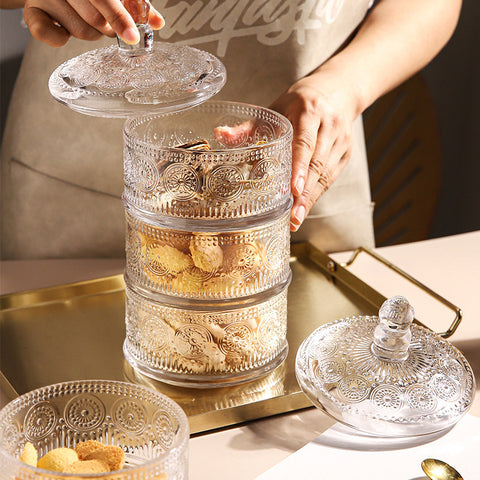 European Style Layered Glass Storage Jar – 3-Tier Transparent Cookie & Jewelry Organizer
