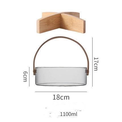 Nordic Glass Bowl with Bamboo Handle – Modern Transparent Serving Container