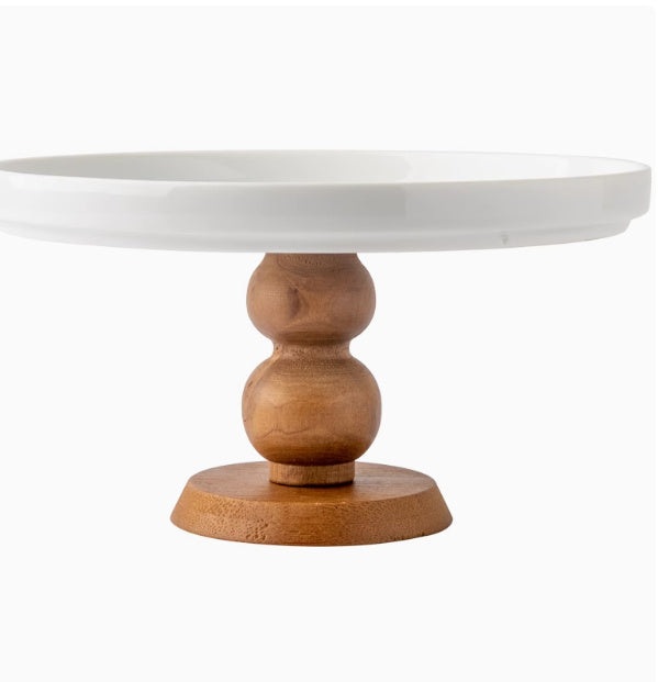 Vintage Wooden Base Ceramic Dessert Stand – Nordic High Foot Fruit Plate