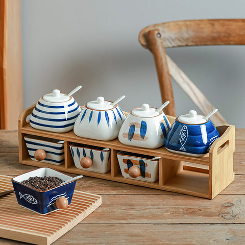 Premium Ceramic Spice Box Set with Bamboo Frame – Seasoning Organizer