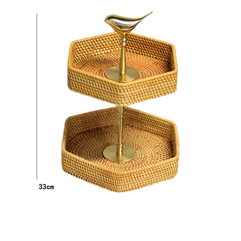 Brass Bird Rattan Fruit Stand – 2-Tier Natural Vietnamese Woven Basket