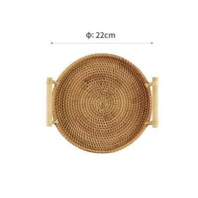 Handmade Round Rattan Tray – Natural Woven Serving Basket with Handles