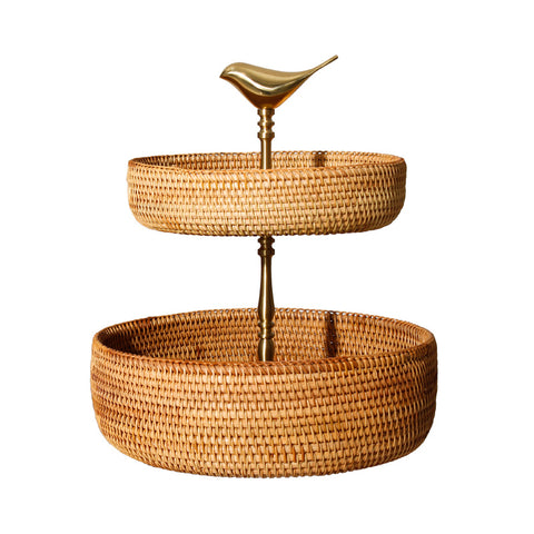Brass Bird Rattan Fruit Stand – 2-Tier Natural Vietnamese Woven Basket