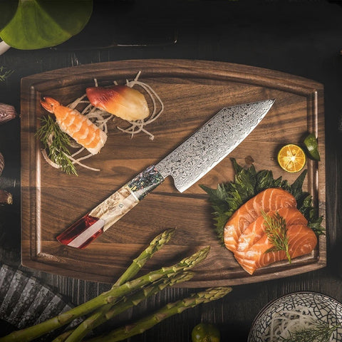 67-Layer Damascus Chef Knife โ Resin & Solidified Wood Handle, Forged Steel