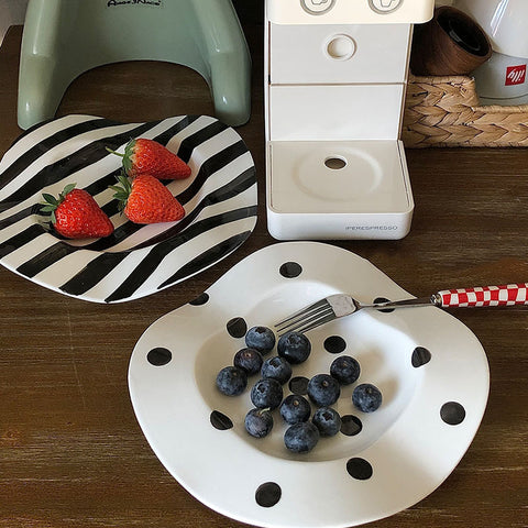 Black & White Wave Breakfast Plate – Dots & Stripes Irregular Underglaze Porcelain