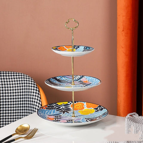 Three-Layer Art Porcelain Dessert Tray – Creative Colored Glaze Serving Stand