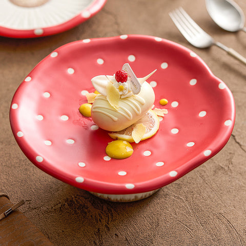 Red Polka Dot Mushroom Ceramic Dessert Plate – Pedestal Tea & Snack Tray