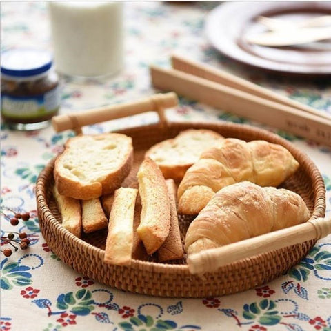 Handmade Round Rattan Tray – Natural Woven Serving Basket with Handles