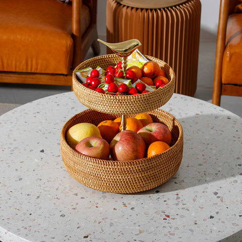Brass Bird Rattan Fruit Stand – 2-Tier Natural Vietnamese Woven Basket