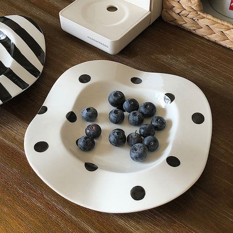 Black & White Wave Breakfast Plate – Dots & Stripes Irregular Underglaze Porcelain