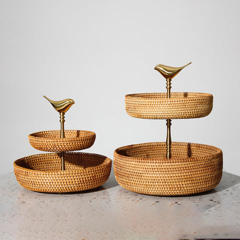 Brass Bird Rattan Fruit Stand – 2-Tier Natural Vietnamese Woven Basket