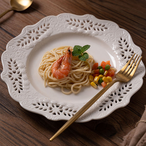 Vintage Embossed Porcelain Cake & Dessert Plate – Elegant Lace Ceramic Tableware