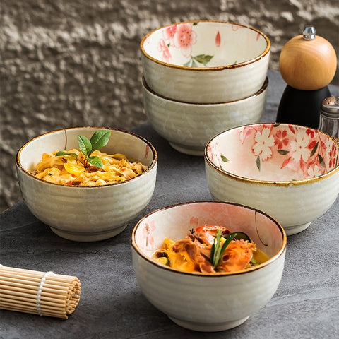 Handmade Ceramic Breakfast & Noodle Bowl – Floral Design 500 ml