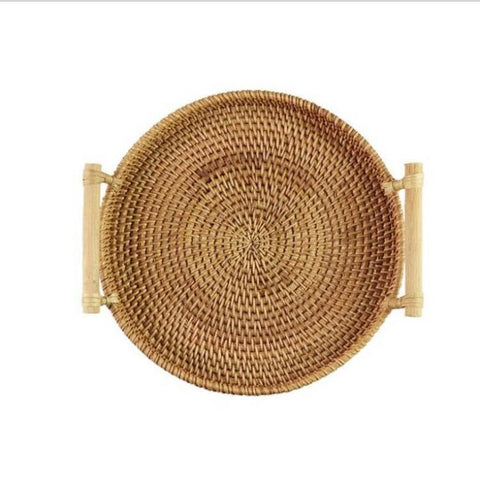 Handmade Round Rattan Tray – Natural Woven Serving Basket with Handles