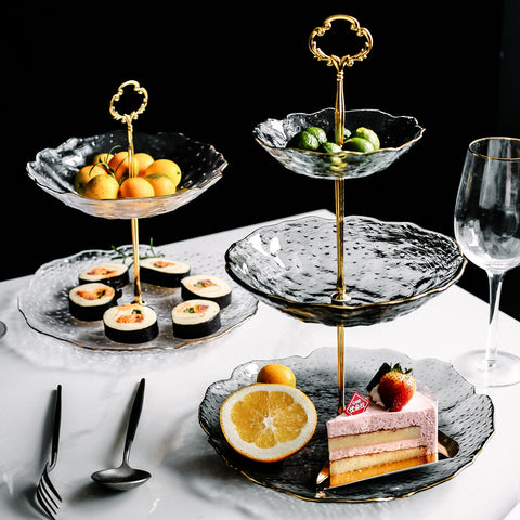 Gold-Trimmed Glass Dessert Stand – European Style Double & Triple Layer Tray