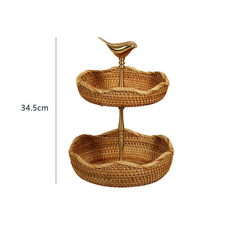 Brass Bird Rattan Fruit Stand – 2-Tier Natural Vietnamese Woven Basket