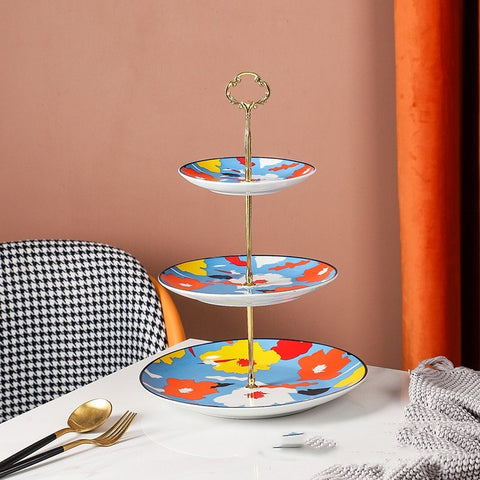 Three-Layer Art Porcelain Dessert Tray – Creative Colored Glaze Serving Stand