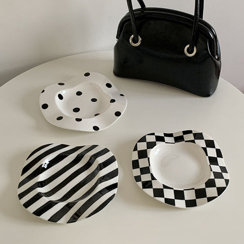 Black & White Wave Breakfast Plate – Dots & Stripes Irregular Underglaze Porcelain