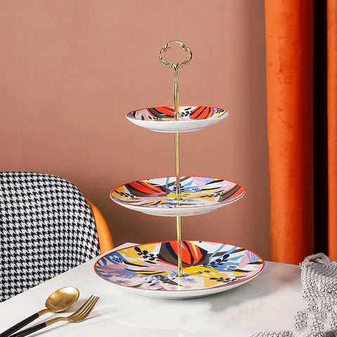 Three-Layer Art Porcelain Dessert Tray – Creative Colored Glaze Serving Stand