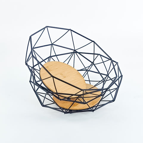Nordic Geometric Metal Fruit Basket – Black Wire & Bamboo Base Decorative Bowl