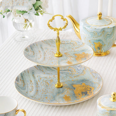 Emerald Sands 2 & 3 Tier Ceramic Dessert Stand – Luxury Gold Marble Pattern