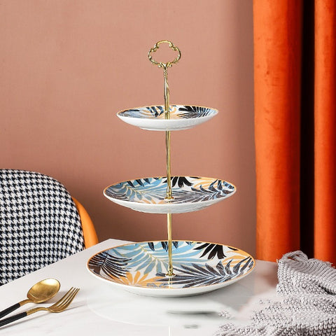 Three-Layer Art Porcelain Dessert Tray – Creative Colored Glaze Serving Stand