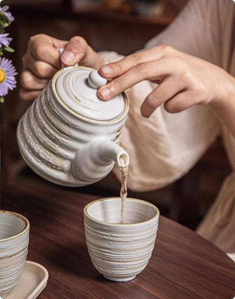 Ceramic Tea Set with Tray – 1 Pot & 4 Cups, Handmade Style