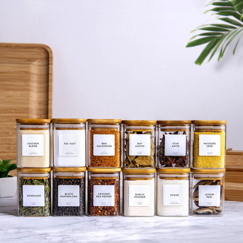 12-Piece Glass Spice Jar Set with Bamboo Lids – 207ml Airtight Containers