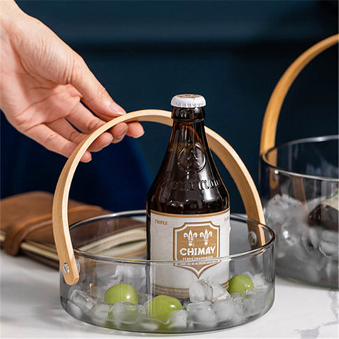 Nordic Glass Bowl with Bamboo Handle – Modern Transparent Serving Container
