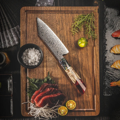 67-Layer Damascus Chef Knife – Resin & Solidified Wood Handle, Forged Steel