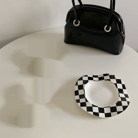 Black & White Wave Breakfast Plate – Dots & Stripes Irregular Underglaze Porcelain