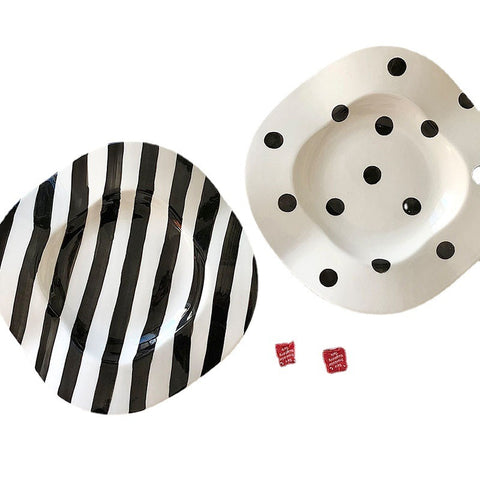 Black & White Wave Breakfast Plate – Dots & Stripes Irregular Underglaze Porcelain