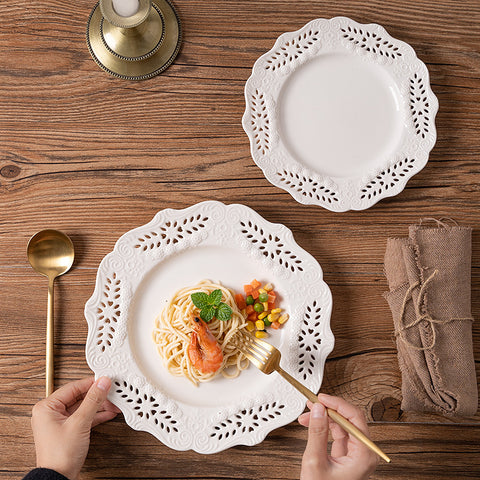 Vintage Embossed Porcelain Cake & Dessert Plate – Elegant Lace Ceramic Tableware