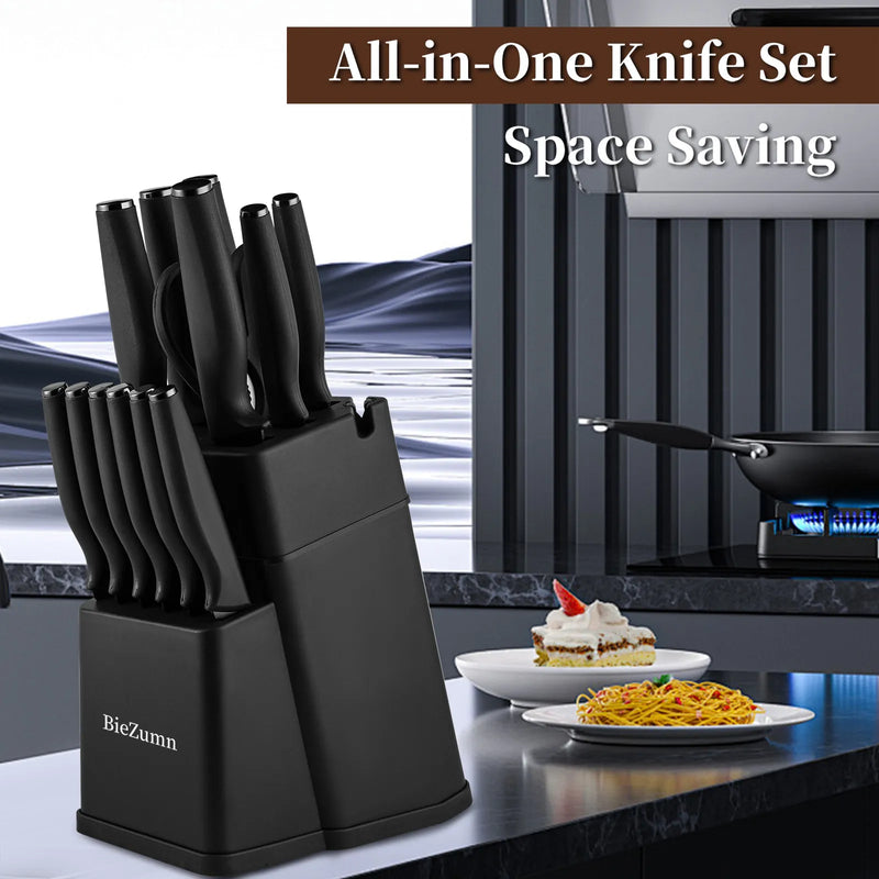 16-piece German steel knife set — angled view of block and knives on counter
