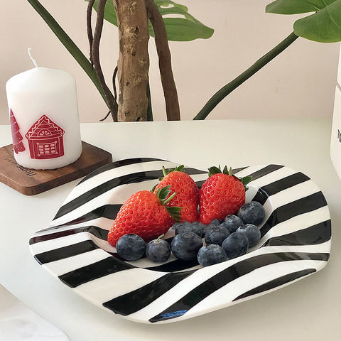 Black & White Wave Breakfast Plate – Dots & Stripes Irregular Underglaze Porcelain