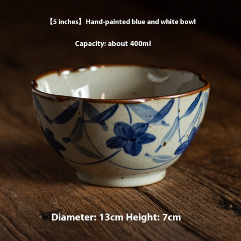 Hand-Painted Blue & White Stoneware Rice Bowl – Retro Underglaze 400 ml