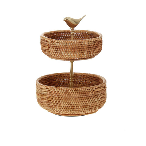 Brass Bird Rattan Fruit Stand – 2-Tier Natural Vietnamese Woven Basket