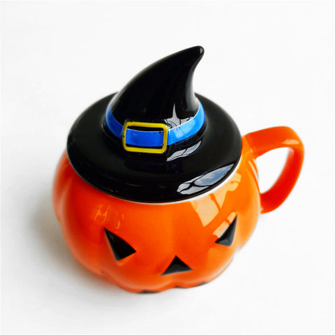 Pumpkin Ceramic Halloween Mug with Witch-Hat Lid
