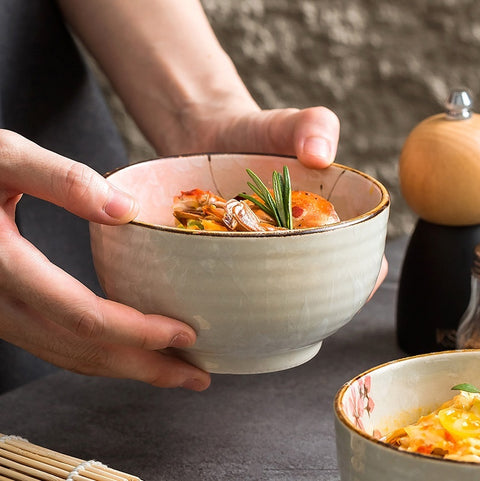 Handmade Ceramic Breakfast & Noodle Bowl – Floral Design 500 ml