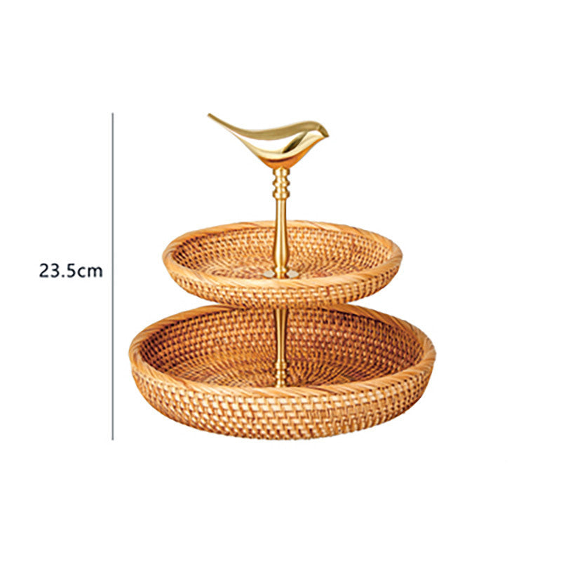 Wudy Brass Bird 2-Tier Stand | Handwoven Rattan Luxury