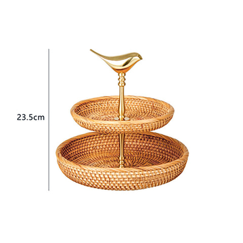 Brass Bird Rattan Fruit Stand – 2-Tier Natural Vietnamese Woven Basket