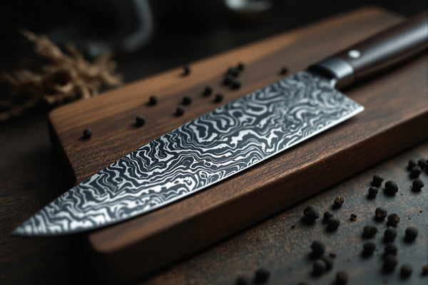A Damascus steel chef's knife blade resting on a dark walnut cutting board, morning light emphasising the flowing watere