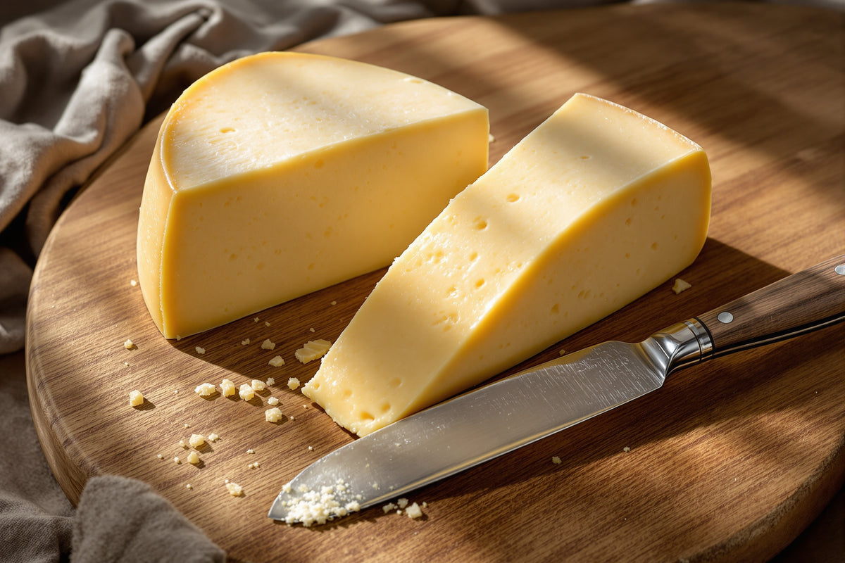 Two wedges of aged hard cheese on a wooden board with a cheese knife, natural light casting shadows across the granular 